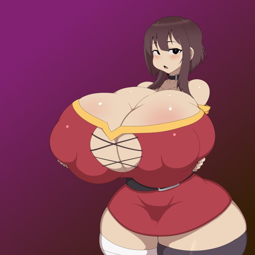 1girls ber00 big_breasts breast_expansion breasts brown_hair busty cleavage clothed clothes clothing female female_only hips holding_breasts holding_breasts_up huge_breasts human human_only hyper_breasts kono_subarashii_sekai_ni_shukufuku_wo! large_breasts looking_at_viewer massive_breasts megumin red_eyes solo thick thick_thighs thighs top_heavy wide_hips