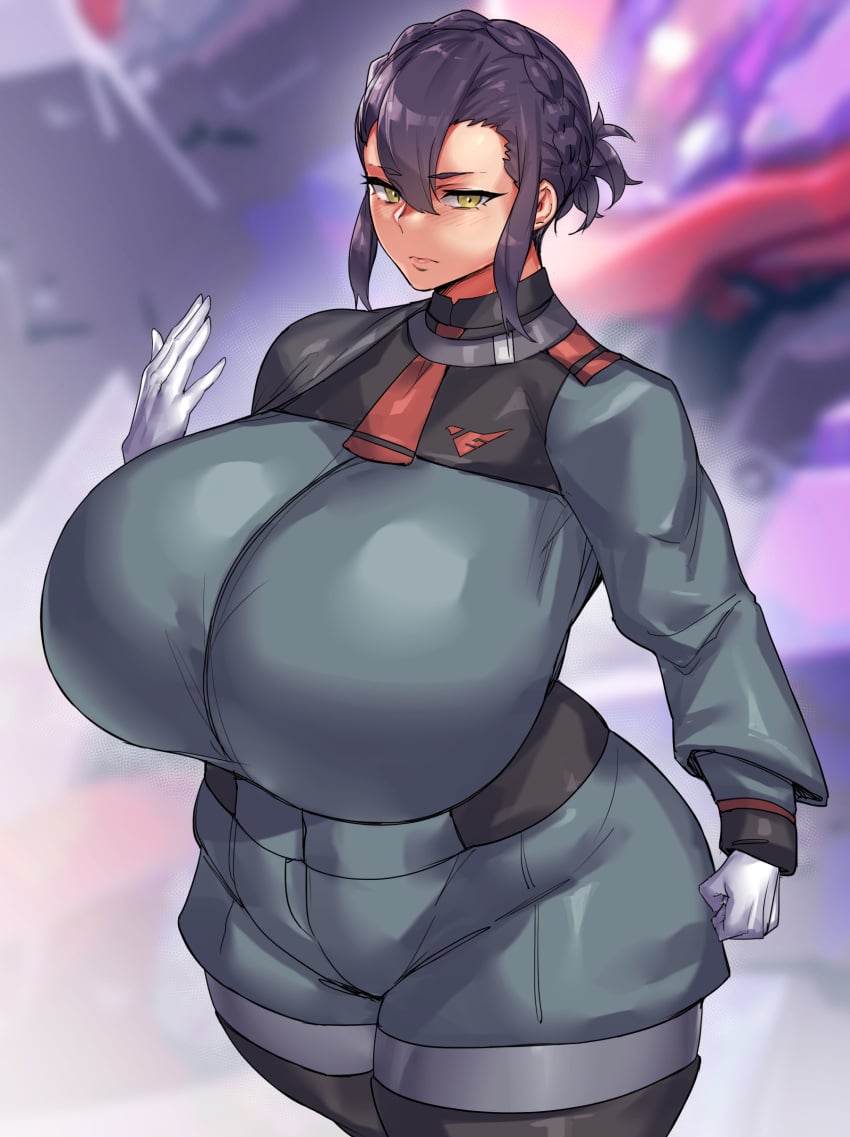 1girls big_breasts cape curvy female female_focus female_only gloves gundam gundam_suisei_no_majo huge_breasts natedecock purple_hair sabina_fardin school_uniform short_hair solo solo_female solo_focus thick_thighs venus_body voluptuous voluptuous_female yellow_eyes