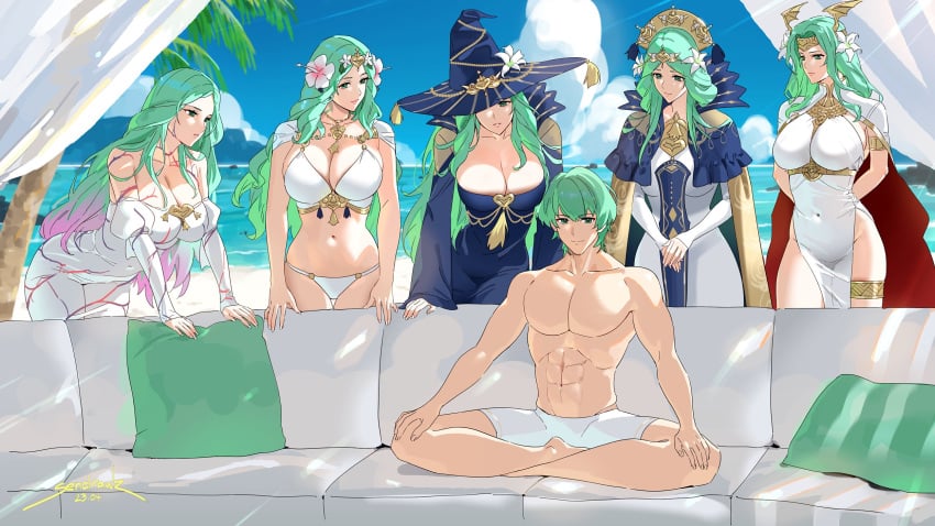 1boy 5girls abs alternate_costume arms_behind_back beach bikini black_dress black_headwear blue_sky breasts byleth_(fire_emblem) byleth_(fire_emblem)_(male) byleth_(male)_(fire_emblem) cleavage cloud commentary corruption couch covered_navel day dress female fire_emblem fire_emblem:_three_houses fire_emblem_heroes flower gradient_hair green_eyes green_hair hair_flower hair_ornament halloween halloween_costume hands_on_own_knees hat highres huge_breasts large_breasts long_hair male meme multicolored_hair multiple_girls multiple_persona navel nintendo official_alternate_costume pillow pink_hair piper_perri_surrounded piper_perri_surrounded_(meme) rhea_(fire_emblem) rhea_(halloween)_(fire_emblem) rhea_(summer)_(fire_emblem) seiros_(fire_emblem) sendrawz side_slit sitting sky swimsuit symbol-only_commentary white_bikini white_dress white_swimsuit witch witch_hat you_gonna_get_raped