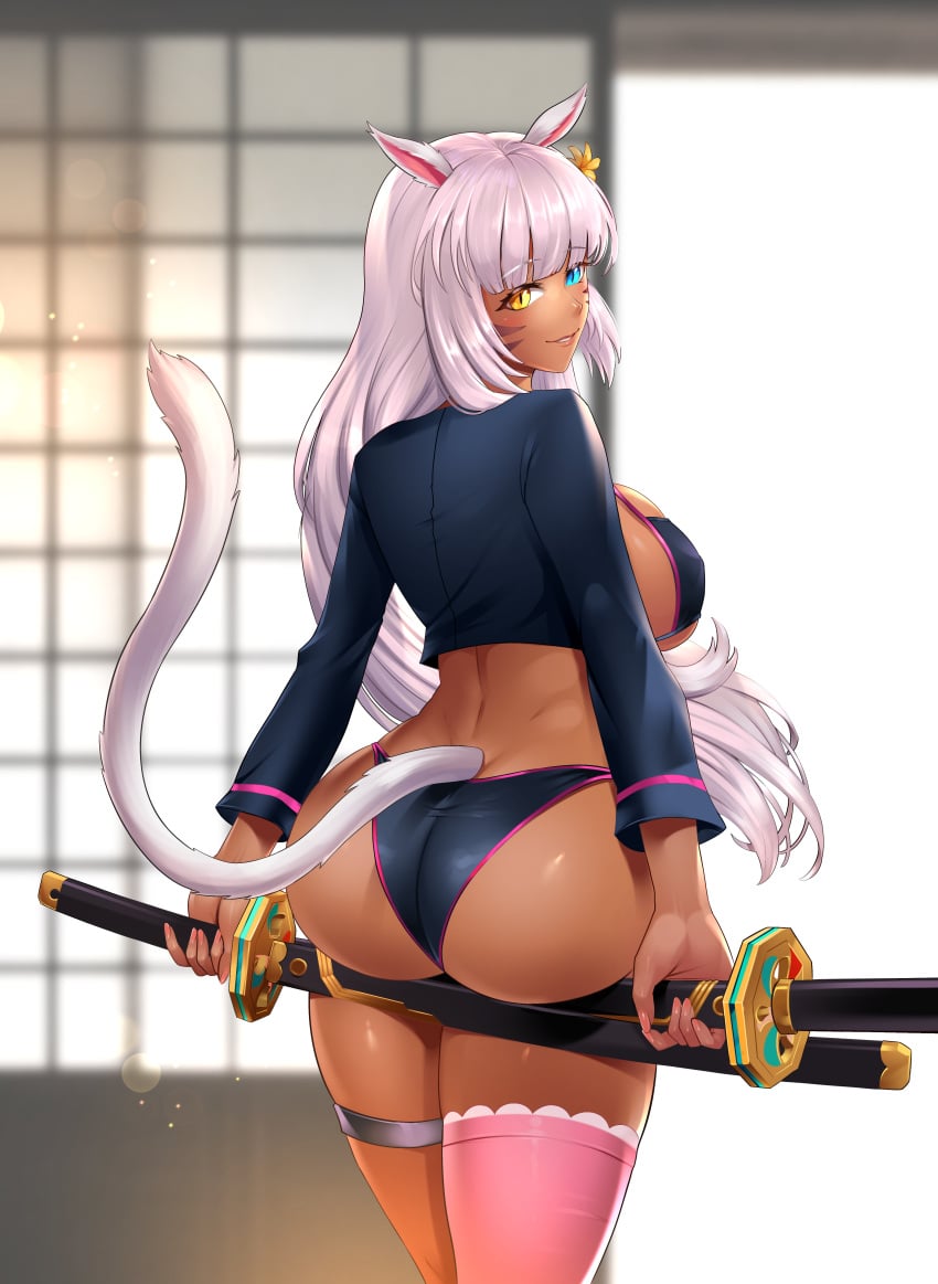 1girls ass ass_support big_ass bikini bubble_ass bubble_butt butt cat_ears cat_tail catgirl dark-skinned_female dark_skin dual_wielding facial_markings final_fantasy final_fantasy_xiv heterochromia hime_cut jeanne_alter_(swimsuit_berserker) large_breasts long_hair looking_at_viewer looking_back miqo'te miyuki_mochizuki rear_view seductive seductive_smile smile sword white_hair