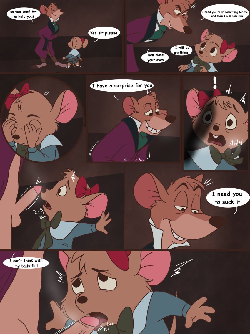 absurd_res adult_on_cub anthro basil_(disney) bottomwear brown_body brown_fur clothed clothing coat comic cub disney duo english_text eye_contact female forced froki fully_clothed fur genitals hands_over_eyes hi_res humanoid_genitalia humanoid_penis imminent_oral imminent_sex licking looking_at_another male male/female mammal mouse murid murine olivia_flaversham open_mouth oral penile penis penis_lick penis_shadow ribbons rodent sex skirt smile steam suprised_look text the_great_mouse_detective tongue tongue_out topwear young