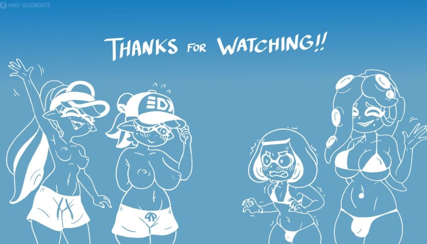 2futas 2girls 4girls balls big_breasts bikini blush breasts bulge callie_(splatoon) clothed clothing exhibitionism female flaccid flustered futanari hard-degenerate humanoid humanoid_penis incest male_swimwear_challenge marie_(splatoon) marina_(splatoon) mostly_nude partially_clothed pearl_(splatoon) penis shorts shy splatoon splatoon_(series) splatoon_2 standing thick_thighs tipping_hat topless topless_female waving wide_hips