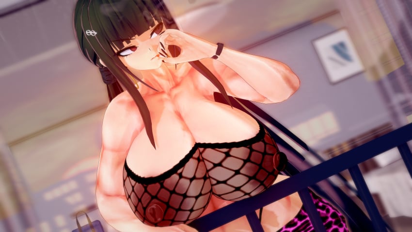 1girls 3d areolae big_breasts blunt_bangs danganronpa danganronpa_v3 female_focus female_only fenrirsjaw harukawa_maki koikatsu long_hair muscular muscular_female nipple_bulge nipples nipples_visible_through_clothing red_eyes revealing_clothes smoking straight_hair tank_top