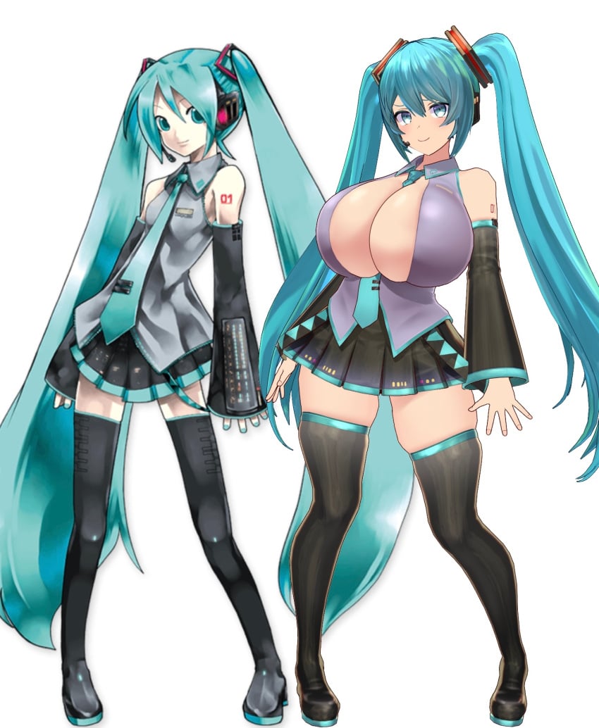 2girls before_and_after big_breasts blue_hair dekapaiyukari facominn female female_focus female_only hatsune_miku huge_breasts multiple_girls revealing_clothes thick thick_thighs vocaloid