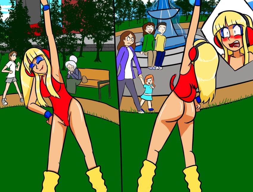 2boys 5girls ass blonde_hair breasts cleavage clothed embarrassed female female_focus headphones leotard lipstick long_hair male public_nudity red_leotard red_lipstick red_sneakers revrookington sneakers socks tiffany_(revrookington) wardrobe_malfunction water_bottle yellow_socks