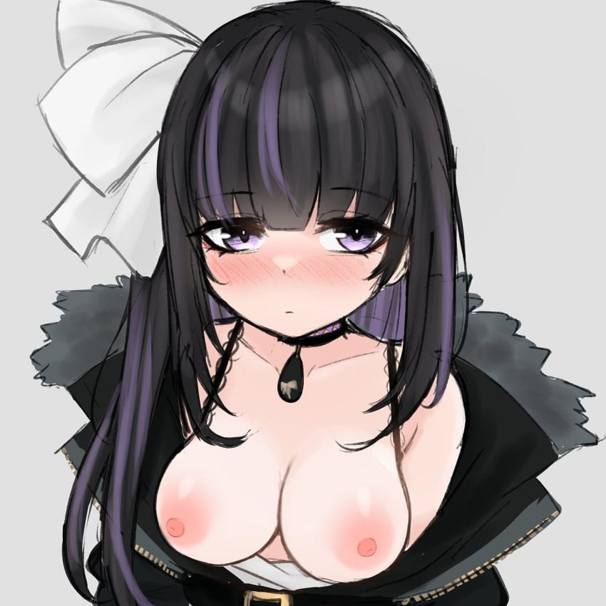 1girls bandage bandaged_torso bare_breasts bare_shoulders big_breasts black_hair blush breasts breasts_out coat coat_on_shoulders coat_open collar exposed_breasts exposed_shoulders female female_only indie_virtual_youtuber k_(m_r_b/nkmmktwt/ꓘ) light-skinned_female light_skin medium_breasts neckwear open_clothes open_coat ririsya side_ponytail solo two_tone_hair upper_body violet_eyes violet_hair virtual_youtuber