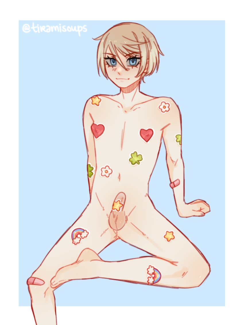 1boy alois_trancy black_butler blonde_hair blue_eyes eyebrows eyebrows_visible_through_hair femboy femboy_only kuroshitsuji light-skinned_femboy light-skinned_male looking_at_viewer male male_only nipple_pasties penis small_penis stickers testicles tiramisoups