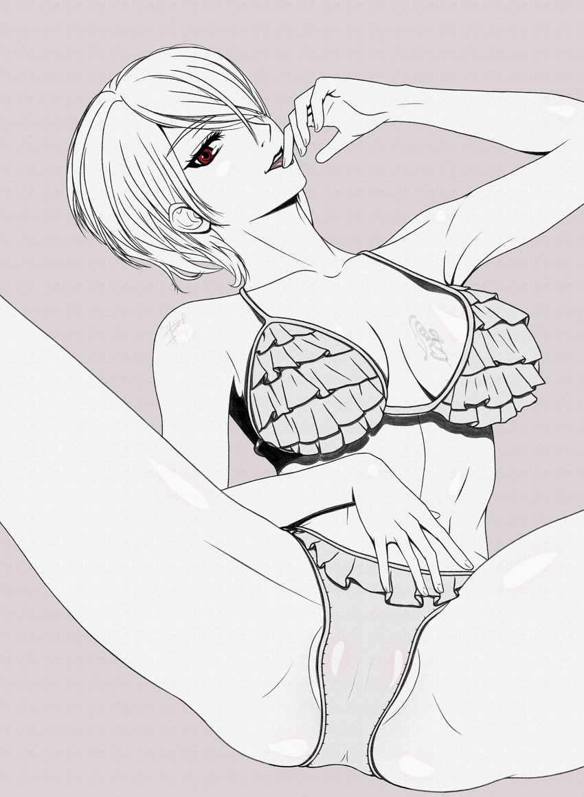 alluring big_breasts bikini cleavage collarbone female legs_spread monochrome nakiri_alice one_eye_covered red_eyes shokugeki_no_souma yuki0art