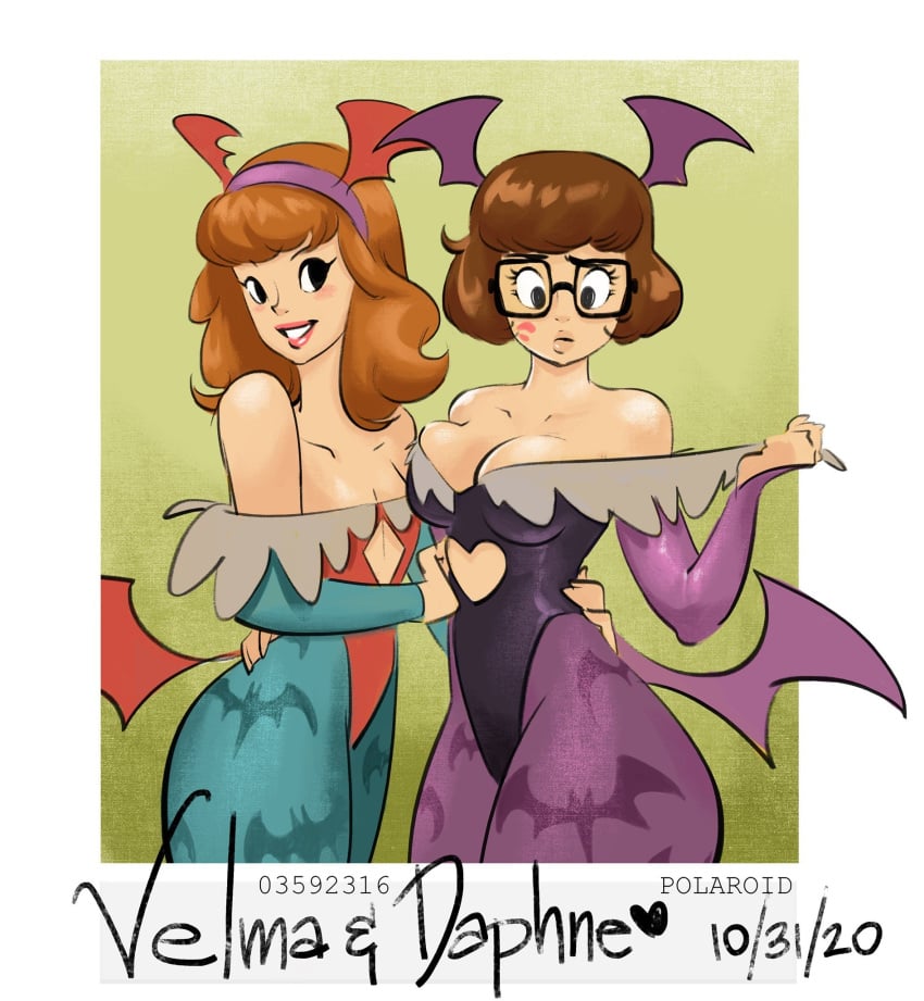 2girls bat_wings big_breasts breasts clothing cosplay daphne_blake darkstalkers female glasses hanna-barbera lilith_aensland_(cosplay) looking_at_viewer morrigan_aensland_(cosplay) philtomato polaroid_photo scooby-doo small_breasts succubus_costume velma_dinkley warner_brothers