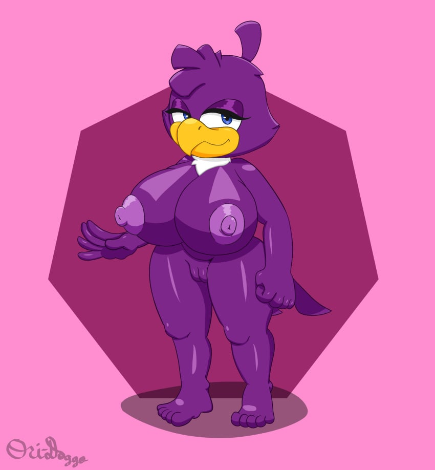 absurd_res anthro avian big_breasts big_nipples blue_eyes breasts fan_character feathers feet female fist genitals hi_res huge_breasts huge_nipples mature_female nipples ori-doggo plump_labia puffy_nipples purple_body pussy sega smile smiling_at_viewer solo solo_focus sonic_(series) sonic_the_hedgehog_(series) tail_feathers thick_thighs