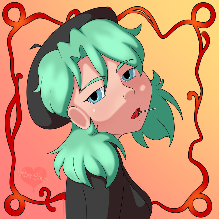 beret blue_eyes emberbaye fionapollo green_hair hat lollipop shirt simple_background youtube youtuber