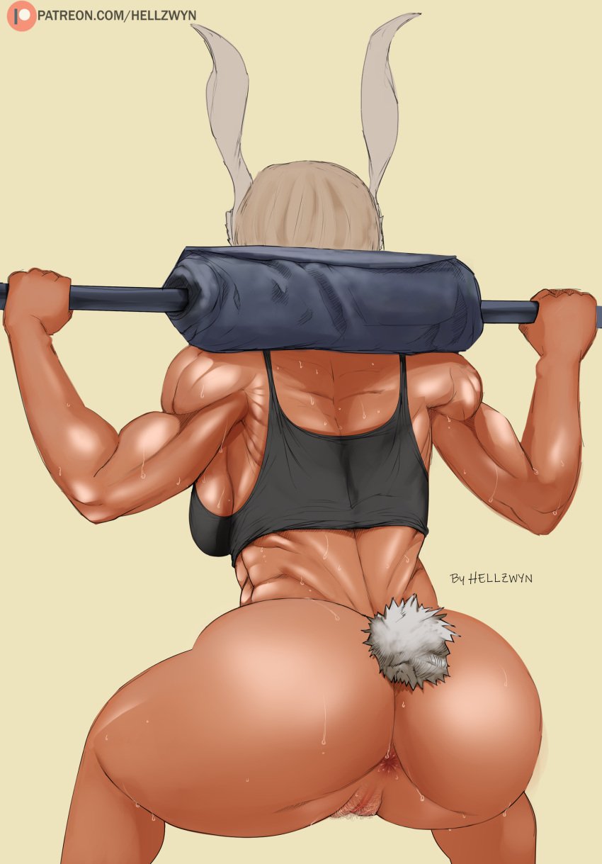 1girls alternate_version_available anus ass athletic athletic_female barely_clothed big_ass big_butt bottomless bunny_ears bunny_tail dark-skinned_female dark_skin dat_ass exercise female female_only fitness from_behind hell904 miruko mostly_nude muscular muscular_female my_hero_academia no_panties pubic_hair pussy rumi_usagiyama shounen_jump solo sports_bra squats squatting sweat sweating weightlifting weights white_hair workout