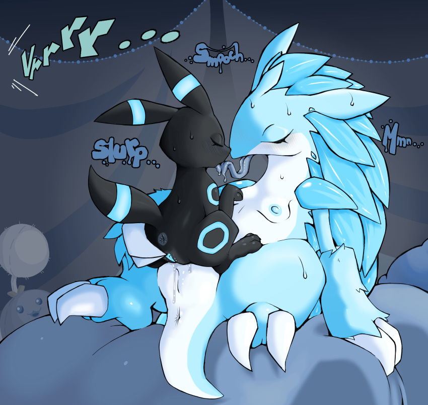 alolan_form alolan_sandslash anus ass bed bedroom_sex blue_body blush bodily_fluids breasts closed_eyes digital_media_(artwork) duo eeveelution female female/female female_on_bottom female_on_top feral feral_on_feral fur furniture generation_1_pokemon generation_2_pokemon genital_fluids genitals glowing glowing_genitalia glowing_markings glowing_pussy hi_res interspecies jumpluff larger_female long_tongue making_out mammal markings nintendo nipples nude on_bed on_bottom on_top paws plushie pokemon pokemon_(species) ponporio_(artist) pussy pussy_juice regional_form_(pokemon) sandslash sex shiny_pokemon sitting sitting_on_bed size_difference slaws smaller_female sound_effects spread_legs spread_pussy spreading tail text tongue umbreon yuri