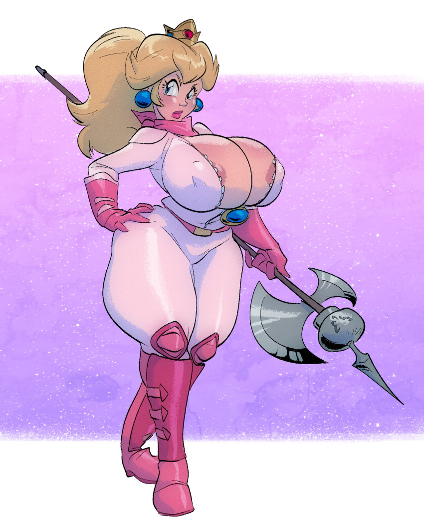 1girls annoyed_expression areola_slip axe barely_contained_breasts big_breasts big_eyes big_thighs blonde_hair blue_eyes bodysuit breasts bursting_breasts busty canonical_scene child_bearing_hips cleavage crown curvy earrings female female_only full_body halberd hand_on_own_hip huge_breasts huge_thighs legs long_hair looking_at_viewer mario_(series) nintendo nipple_slip nipples nipples_visible_through_clothing pawg pink_lips ponytail princess princess_peach royal royalty simple_background slb solo standing super_mario_bros._(2023_film) thick_thighs thighs unzipped voluptuous wardrobe_malfunction weapon wide_hips