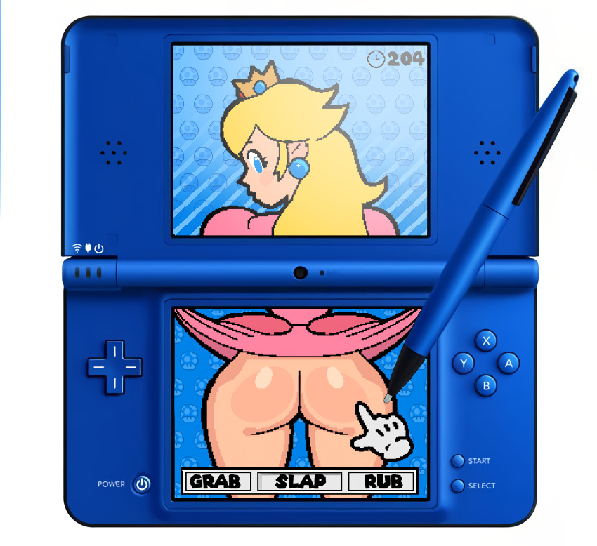 1girls ass big_ass blonde_hair blue_eyes clothes_lift dress dress_lift female female_only handheld_game_console highres huge_ass legs long_hair looking_back mario_(series) nintendo nintendo_ds no_panties princess princess_peach solo thighs whiteflagman