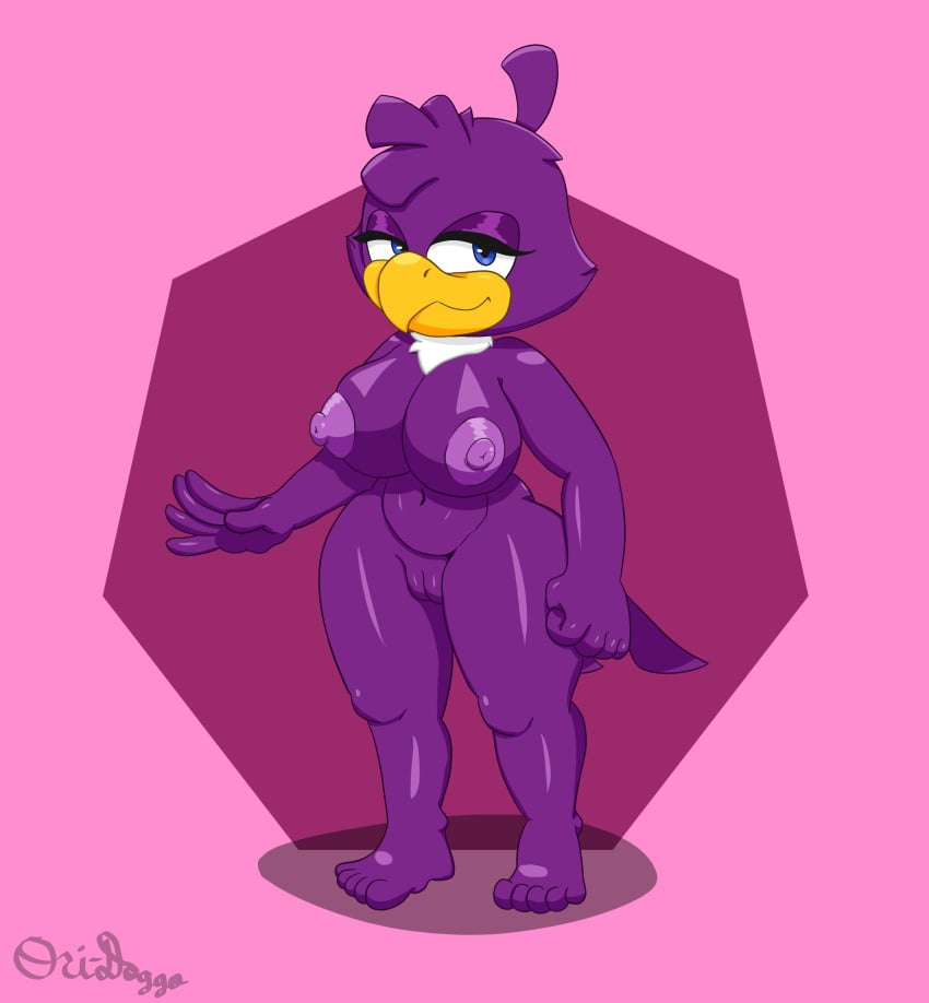 absurd_res anthro avian big_breasts blue_eyes breasts fan_character feathers feet female fist genitals hi_res huge_breasts mature_female nipples ori-doggo plump_labia puffy_nipples purple_body pussy sega smile smiling_at_viewer solo solo_focus sonic_(series) sonic_the_hedgehog_(series) tail_feathers thick_thighs