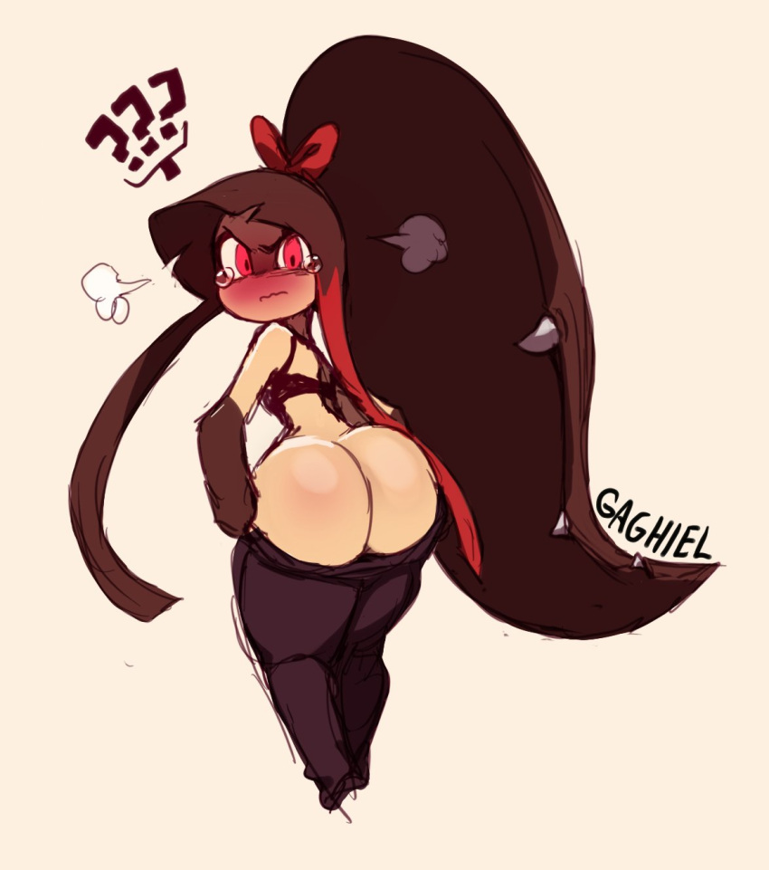 1girls angry anthro ass big_ass big_butt blush bodily_fluids bottomwear bra butt clothing clothing_too_small dressing embarrassed female female_only flustered gaghiel_(diives) hair hi_res inconvenient_ass inconvenient_butt kanel long_hair looking_at_viewer looking_back mawile nintendo pants pokemon pokemon_(species) red_eyes ribbon short_stack simple_background solo standing struggling struggling_to_fit tears tight_bottomwear tight_clothing too_small_clothes wardrobe_malfunction wide_hips