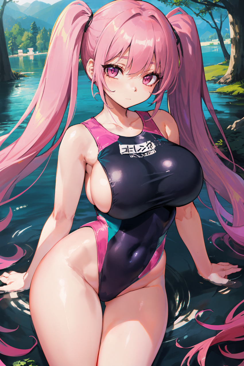 1girls ai_generated big_breasts female_focus female_only hi_res huge_breasts latex_swimsuit long_hair pink_eyes pink_hair solo_female solo_focus stable_diffusion twintails voluptuous voluptuous_female