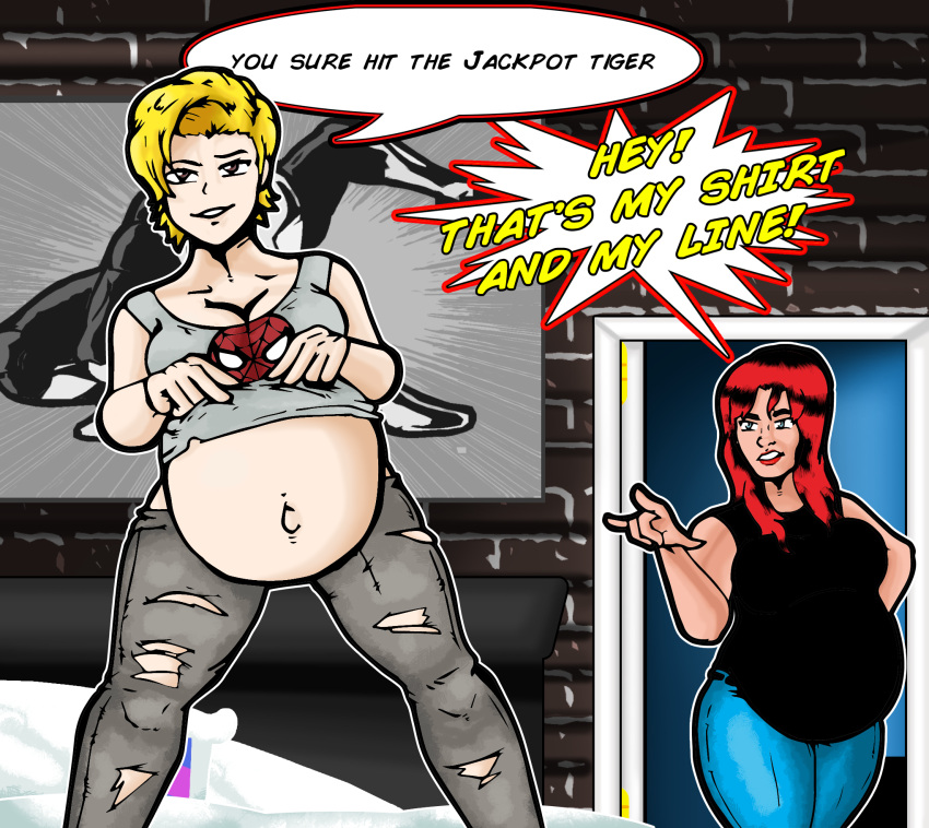 2girls belly big_belly big_breasts blonde_hair breasts captain_marvel carol_danvers dialogue face_it_tiger female female_only human human_only light-skinned_female light_skin marvel marvel_comics mary_jane_watson nasuokaa-san pregnant red_hair spider-man_(series) spider-man_crop_top text themed_clothes