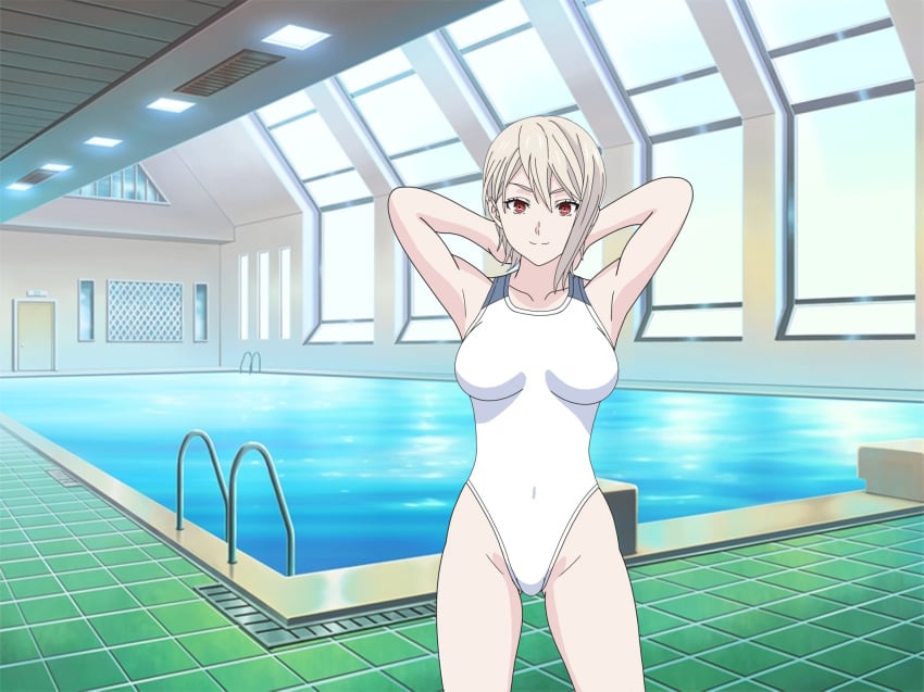 1girls alluring big_breasts bikini competition_bikini magenta_eyes nakiri_alice posing rei_no_pool shokugeki_no_souma silver_hair swimming_pool