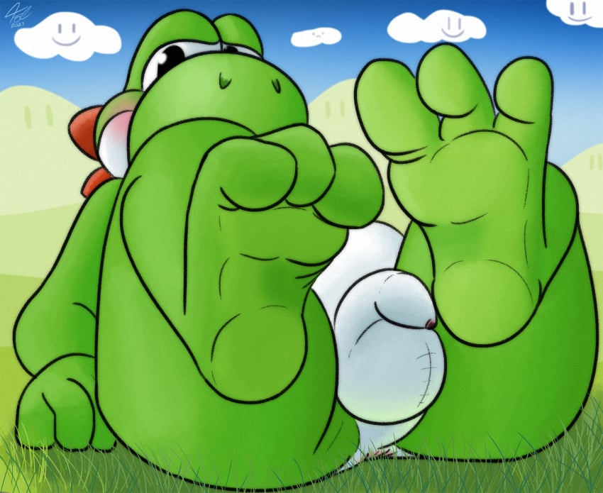 2023 3_toes anthro anus ass balls barefoot belly blush cloud dinosaur feet flaccid fol foot_focus foreskin genitals grass green_body green_scales green_yoshi hi_res humanoid_feet looking_at_viewer male male_foot_fetish male_only mario_(series) nintendo outside penis plant plantigrade reptile scales scalie simple_background sitting soles solo super_mario_bros. toes white_belly yoshi