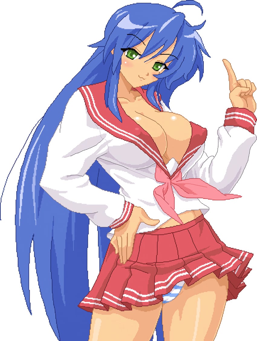 1girls aged_up ahoge alternate_breast_size big_breasts blue_hair breasts busty cameltoe cleavage female female_only green_eyes hand_on_hip highres konata_izumi large_breasts legs long_hair looking_at_viewer lowres lucky_star panties pixel_art pose posing school_uniform seductive seductive_smile sensual smile striped striped_panties thighs underwear very_long_hair warnerc white_background