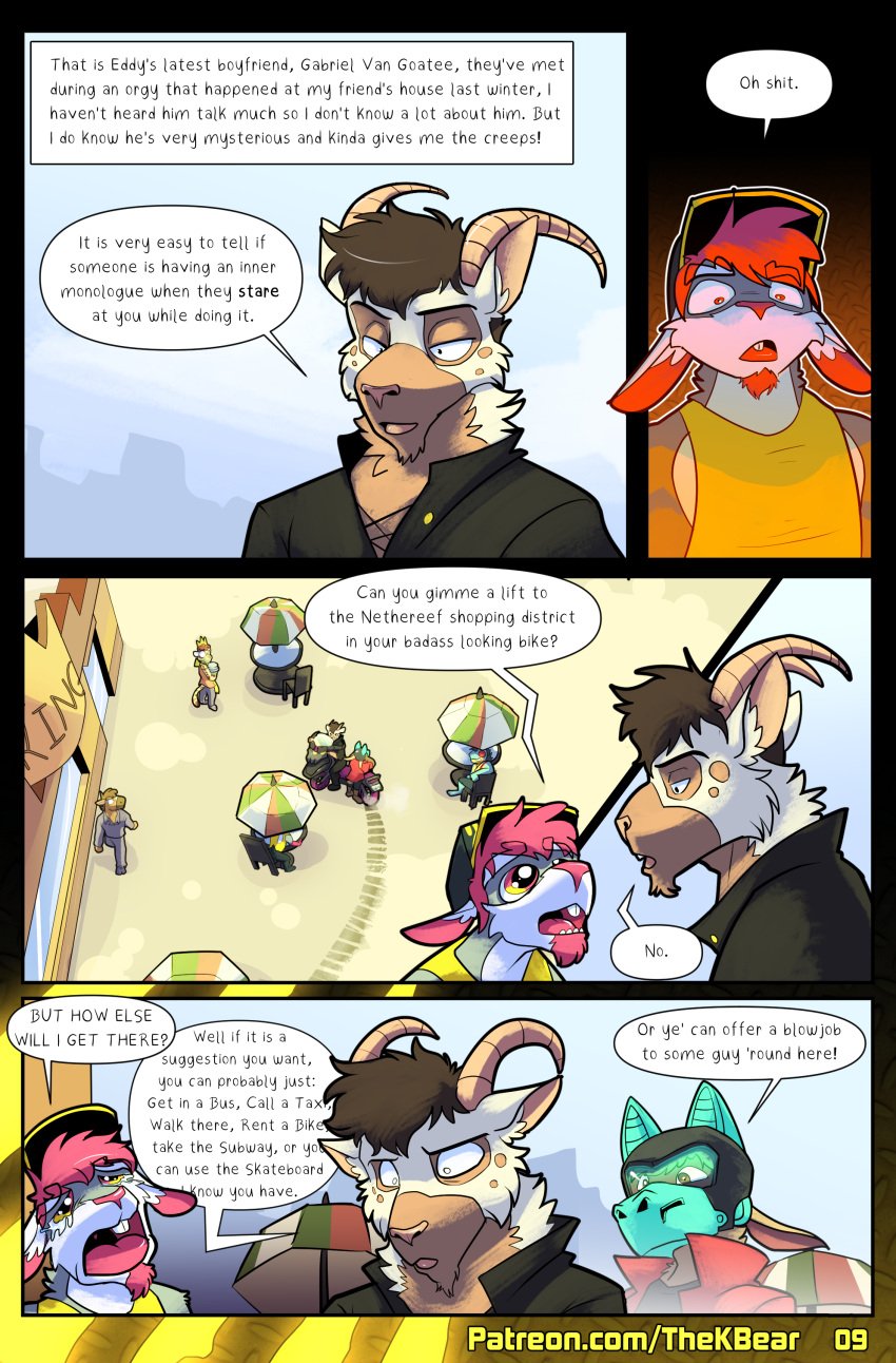 absurd_res anthro comic dialogue eddy_hare facial_hair gabe_goat goatee hair hi_res johnny_bunny lagomorph leporid male male_anthro mammal page_9 rabbit red_hair size_difference thekinkybear