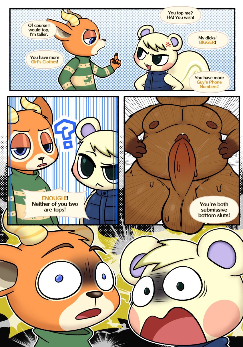 absurd_res animal_crossing anthro balls beau_(animal_crossing) belly big_balls bodily_fluids brown_body brown_fur canid canine deer english_text erection fur gay genital_fluids genitals group hi_res horn male male/male male_only mammal marshal_(animal_crossing) nintendo orange_body orange_fur overweight penis precum raccoon_dog rodent sciurid tanuki text tom_nook tree_squirrel trio white_body white_fur zlut385