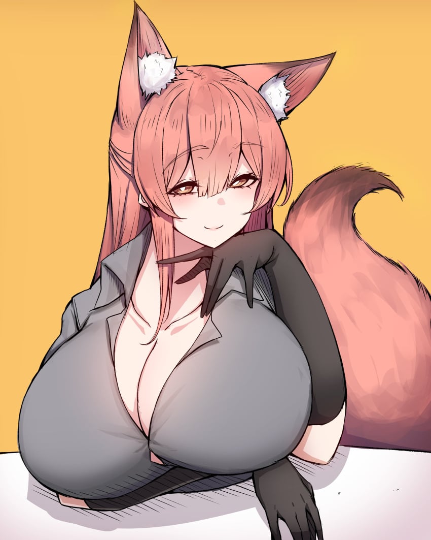 1girls :) animal_ear_fluff animal_ears arknights arm_support arm_under_breasts bedroom_eyes big_breasts blush breasts brown_hair busty button_down_shirt cleavage collarbone curvaceous curvy cute extra_ears eyebrows_visible_through_hair female female_only fluffy_ears fluffy_tail fox_ears fox_girl fox_tail franka_(arknights) gloves hair_between_eyes half-closed_eyes hand_on_own_chin hand_under_chin horny large_breasts light-skinned_female light_skin long_gloves long_hair looking_at_viewer pale-skinned_female pale_skin pov_eye_contact red_hair rikuguma seductive seductive_eyes seductive_gaze seductive_look seductive_pose seductive_smile shirt simple_background smug solo solo_female tight_clothing tight_shirt unbuttoned unbuttoned_shirt voluptuous yellow_background