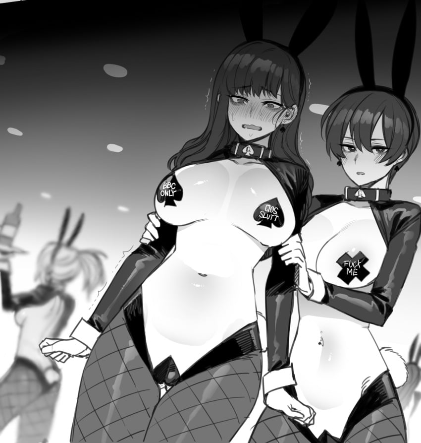 3girls alex_(ratatatat74) big_breasts blush bunny_costume bunny_ears bunny_tail bunnysuit collar earrings embarrassed embarrassed_nude_female female fishnet_legwear fishnet_stockings fishnets jewelry large_breasts light-skinned_female light_skin long_hair monochrome mr._skull nipple_covers oc original original_character original_characters qos queen_of_spades queen_of_spades_symbol raceplay ratatatat74 reverse_bunnysuit short_hair spade spade_choker spade_earrings spade_pasties spade_tattoo thick_thighs