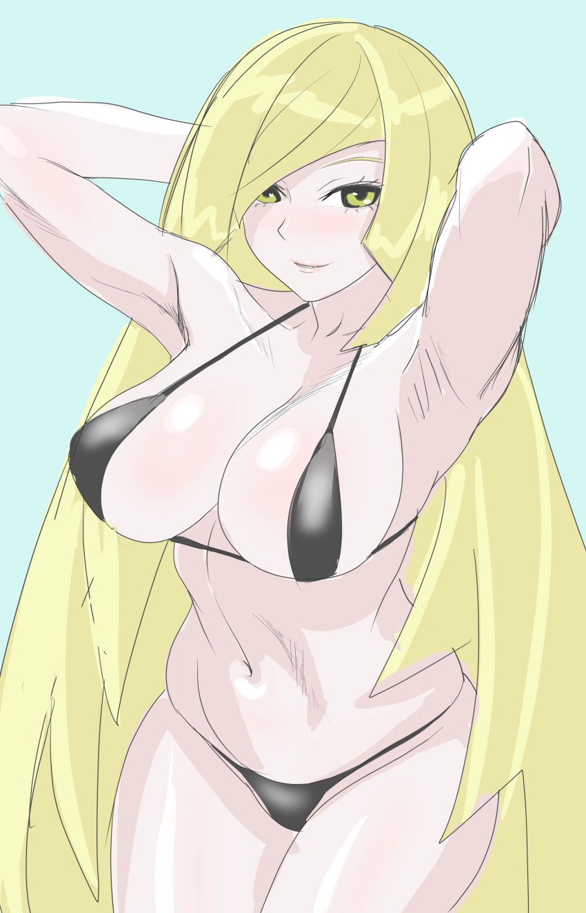 1girls big_breasts bikini bikini_bottom bikini_top black_bikini blonde_hair blush breasts cleavage female female_only game_freak green_eyes hair hands_behind_head hottiku huge_breasts liversaki long_hair lusamine_(pokemon) mature mature_female mature_woman milf mother pokemon pokemon_sm solo solo_female swimwear thighs