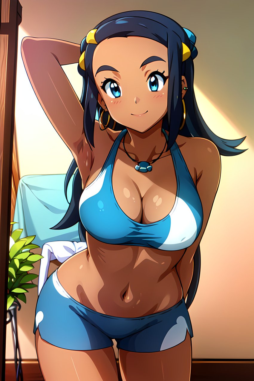 ai_generated big_breasts blue_eyes blue_hair blue_shorts cleavage curvy dark_skin facing_forward female grin gym_leader hi_res highres hoop_earrings indoors looking_at_viewer navel nessa_(pokemon) one_arm_behind_back one_arm_behind_head one_arm_up pokemon seraphim_ai shorts solo sports_bra stable_diffusion standing