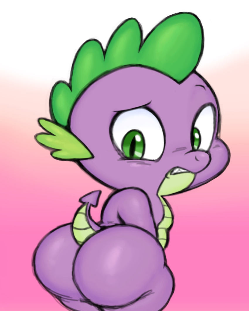 1:1 2023 ass big_ass big_butt dragon dragon_tail filthyopossum friendship_is_magic green_eyes looking_back looking_down my_little_pony mythology pink_background purple_body purple_skin smooth_skin solo solo_male spike_(mlp) tail teeth widescreen