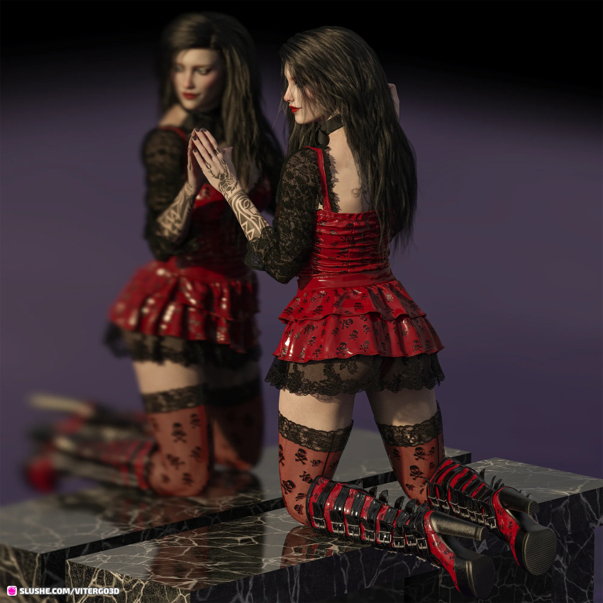 1girls 2023 3d amanda_(vitergo3d) arm_tattoo back_tattoo black_boots black_dress black_hair black_nail_polish black_nails boots clothed clothing cute depth_of_field dress female female_only goth lace lipstick long_hair mirror on_knees original_character pale-skinned_female pale_skin platform_heels red_boots red_dress red_lipstick see-through see-through_clothing skull_and_crossbones_print skull_print solo solo_female tattoo tattoos two-tone_boots two_tone_boots vitergo3d