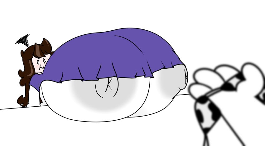 angry angry_face big_breasts bikini blush breasts brown_hair bust_portrait busty cow_print cow_print_bikini exposed_breasts female gray_nipples holding_bra holding_object huge_breasts hyper_breasts immobile jaiden jaiden_animations nipples offscreen_character pov pov_eye_contact purple_shirt shiny_hair shirt