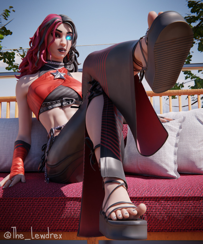 1girls 3d armwear athletic athletic_female balcony blender bottomwear clothed clothing couch detailed_background epic_games feet feet_up female female_focus female_only footwear_fetish fortnite glowing glowing_eye highres kor_(fortnite) legs_up lewdrex light-skinned_female light_skin long_hair looking_at_viewer multicolored_hair necklace outdoors outside pants presenting_feet shoes sitting solo solo_female solo_focus topwear two_tone_hair undercover_kor watermark