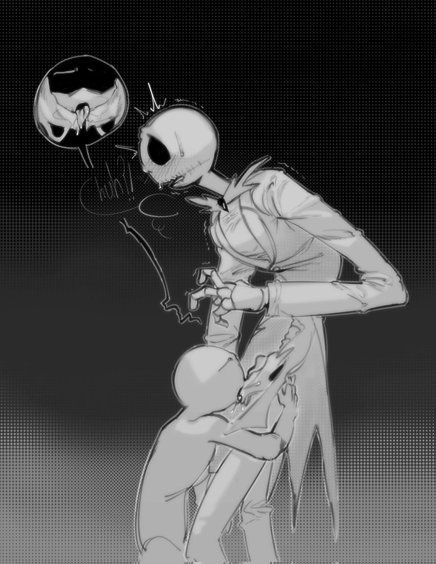 1boy anon anonymous_character anthro bottomless duo duo_focus gay hi_res jack_skellington kogito licking male male_only monochrome nightmare_before_christmas non-human skeleton skull_head stitches sucking_penis suit tagme trembling twitch_lines twitching what yaoi