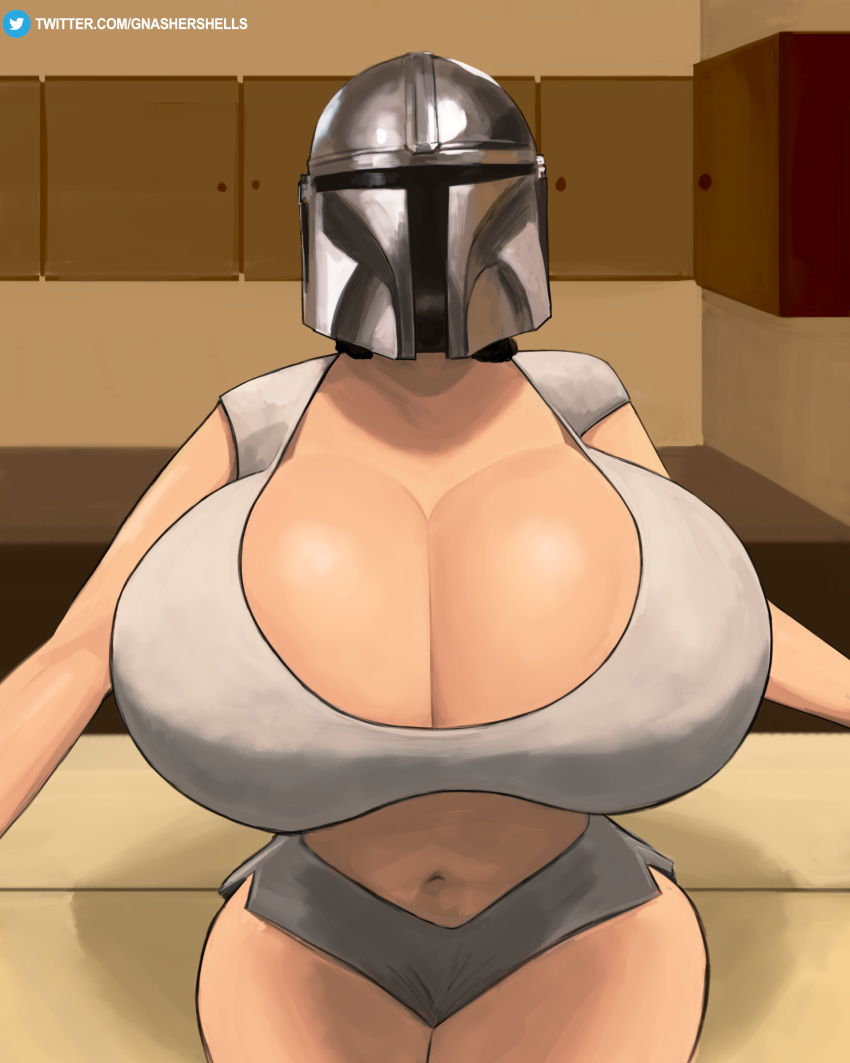 background belly big_breasts booty_shorts brittany_elizabeth cleavage curvy din_djarin fan_character gnashershells helmet lucasfilm mandalorian massive_breasts milf mommy_kink shiny shiny_breasts star_wars thick_thighs tight_clothing