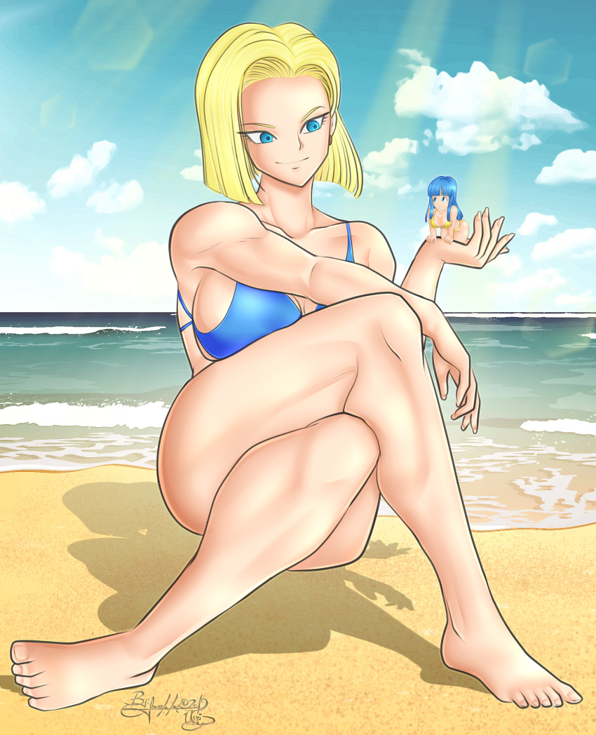 2girls amused android_18 annoyed annoyed_expression barefoot beach bikini blonde_female blonde_hair blue_bikini blue_eyes blue_hair breasts dragon_ball dragon_ball_z female female_only fully_clothed giantess grimston happy implied_pregnancy implied_vore large_breasts larger_female larger_pred light-skinned_female looking_at_prey maron ocean pre_vore sand shrinking shrunken_woman size_difference smaller_female smaller_prey story_at_source swimsuit