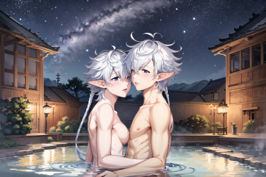 1boy 1girls ai_generated ali_sdai alisaie_leveilleur alphinaud_leveilleur blue_eyes blush braid braided_hair breast_on_chest breasts breasts_out brother_and_sister elezen elf elf_ears elf_female elf_girl elf_male female final_fantasy final_fantasy_xiv grass hot_spring incest lamp lamppost male naked naked_female naked_male night onsen pale-skinned_female pale-skinned_male pale_skin square_enix starry_sky twins white_hair