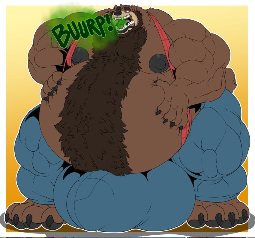 anthro areola ass balls_outline barefoot bear beard belly big_belly big_bulge big_butt bodily_noises body_hair bottomwear brown_body bulge burp_cloud burping chest_hair claws clothed clothing detailed_bulge digital_media_(artwork) facial_hair feet fur genital_outline hair hairy hairy_belly happy_trail hi_res huge_bulge hyper hyper_bulge lips lower_lip male male_only mammal muscular muscular_anthro muscular_male navel nipples onomatopoeia open_mouth overweight pants pattern_clothing pawpads paws pecs plaid plaid_clothing simple_background solo sound_effects suspenders teddy_sanders text thick_lips thick_thighs toes tongue topless wide_hips xibalbakat