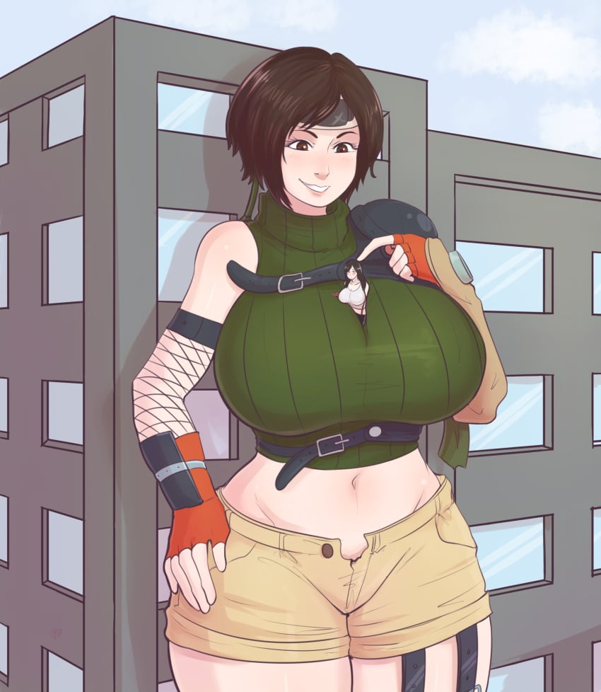 2girls between_breasts big_breasts black_hair blush breasts breasts_bigger_than_head brown_eyes brown_hair building commission embarrassed expansion female female_only final_fantasy final_fantasy_vii giantess happy hips huge_breasts human_only large_breasts larger_female long_hair macro micro_on_breasts pinkkoffin short_hair size_difference smaller_female thick_thighs thighs tifa_lockhart wide_hips window yuffie_kisaragi