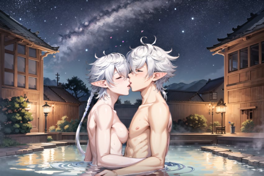 1boy 1girls ai_generated ali_sdai alisaie_leveilleur alphinaud_leveilleur blue_eyes blush braid braided_hair breast_on_chest breasts breasts_out brother_and_sister elezen elf elf_ears elf_female elf_girl elf_male female final_fantasy final_fantasy_xiv grass hot_spring incest kissing lamp lamppost male naked naked_female naked_male night onsen pale-skinned_female pale-skinned_male pale_skin square_enix starry_sky twins white_hair