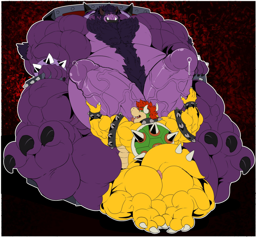 2_penises 2boys animal_genitalia animal_penis anthro anus armband ass balls barefoot beard beer_belly behemoth_(disambiguation) big_balls big_muscles big_penis biped body_hair bowser bracelet chest_hair claws collar digital_media_(artwork) diphallia diphallism dominant duo erection facial_hair feet fellatio fur gay gay_sex genitals hair hemipenes hi_res holding_penis horn huge_balls huge_cock humanoid_genitalia humanoid_penis hyper hyper_balls hyper_genitalia hyper_penis jewelry kneeling kneeling_oral_position koopa licking male male/male male_only mario_(series) multi_genitalia multi_penis muscular muscular_anthro muscular_male nintendo nude oral pecs penile penis penis_lick plantigrade presenting presenting_anus presenting_hindquarters raised_foot raised_tail red_hair scalie sex shell simple_background sitting size_difference smile spiked_armband spiked_bracelet spiked_collar spikes spikes_(anatomy) tail teeth toes tongue tongue_out vein veiny_penis xibalbakat