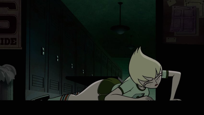 1girls alien alien_girl blonde_hair booty_shorts edit female gym_uniform laying_on_stomach locker_room princess_ilana royal royalty schoolgirl screencap shorts solo sym-bionic_titan teen teenager