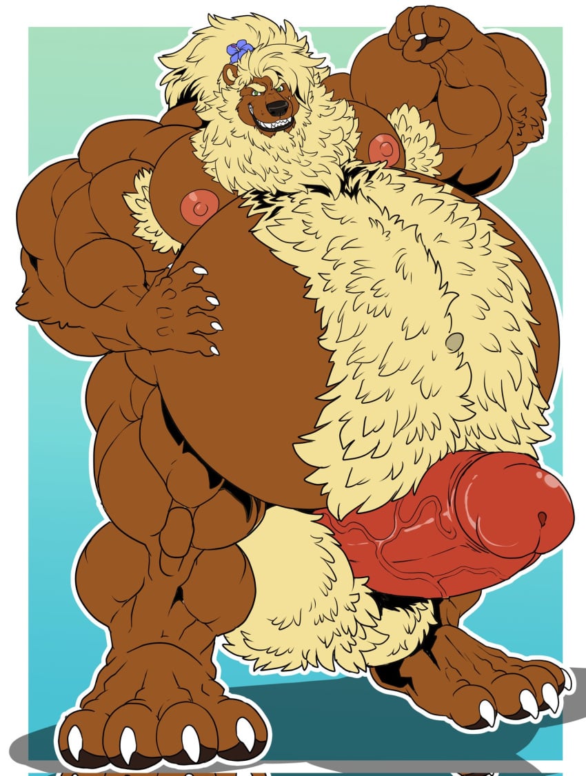 anthro areola armpit_hair balls barefoot bear beard beer_belly belly big_balls big_belly big_muscles big_penis body_hair brown_body chest_hair claws digital_media_(artwork) erection facial_hair feet flexing flexing_bicep fur genitals hair hairy_balls happy_trail hi_res huge_balls huge_cock humanoid_genitalia humanoid_penis hyper hyper_genetalia hyper_genitalia hyper_penis koukou long_hair looking_at_viewer male male_only mammal muscular muscular_anthro muscular_male navel nipples nude overweight pecs penis plantigrade pubes simple_background smile solo standing teeth tied_hair toes xibalbakat