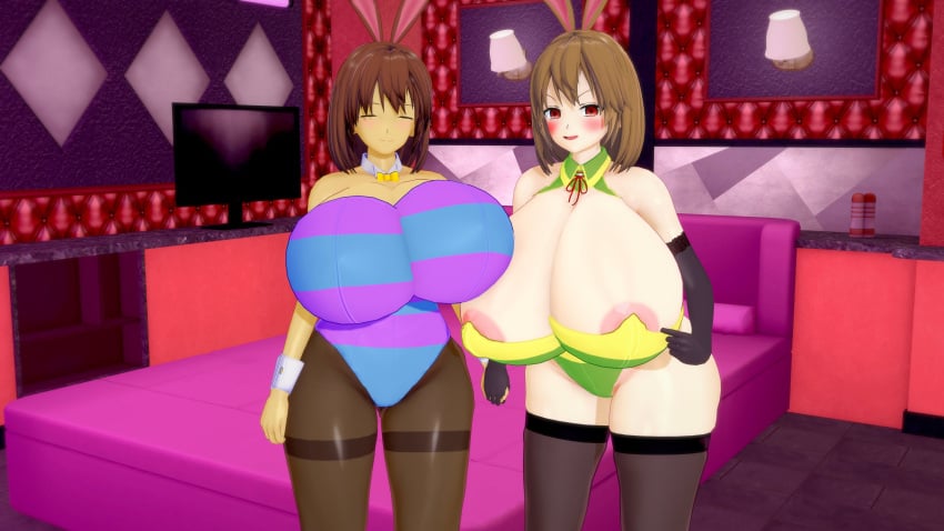 2girls 3d albyon big_breasts bunnysuit chara easter female frisk gigantic_breasts koikatsu tagme twitter undertale undertale_(series) undertale_au undertale_fanfiction