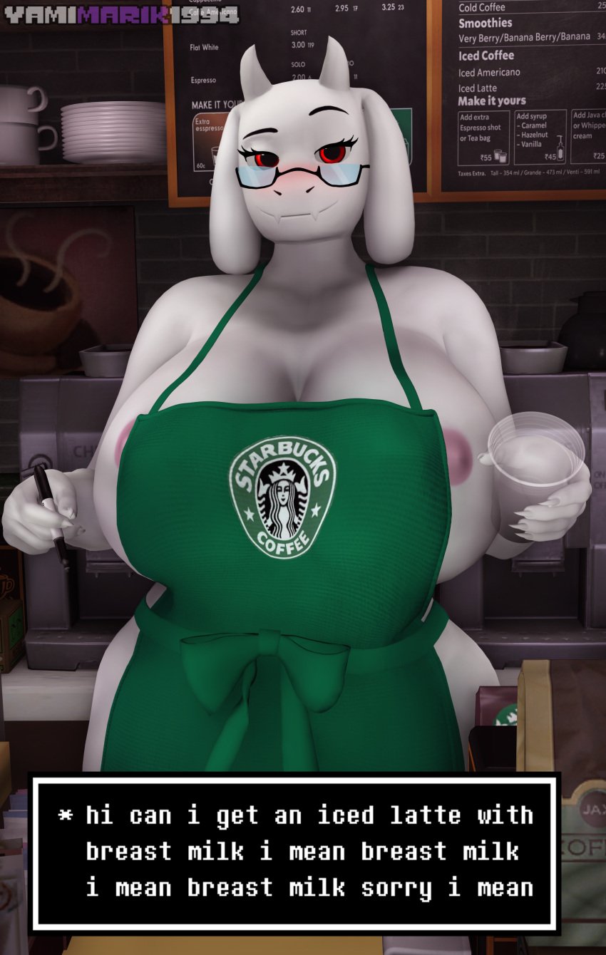 3d_(artwork) 5_fingers absurd_res anthro apron apron_only big_breasts blush boss_monster bovid breasts caprine clothing container cup curvy_figure dialogue dialogue_box digital_media_(artwork) english_text eyebrows eyewear female fingers floppy_ears fur glasses green_apron hi_res holding_container holding_cup holding_object holding_pen horn huge_breasts i_mean_breast_milk iced_latte_with_breast_milk inside long_ears looking_at_viewer mammal mature_anthro mature_female meme mostly_nude nipple_slip nipples pen raised_eyebrow red_eyes repeated_dialogue repeated_text solo starbucks text text_box text_on_apron text_on_clothing toriel undertale undertale_(series) voluptuous white_body white_fur wide_hips yamimarik1994