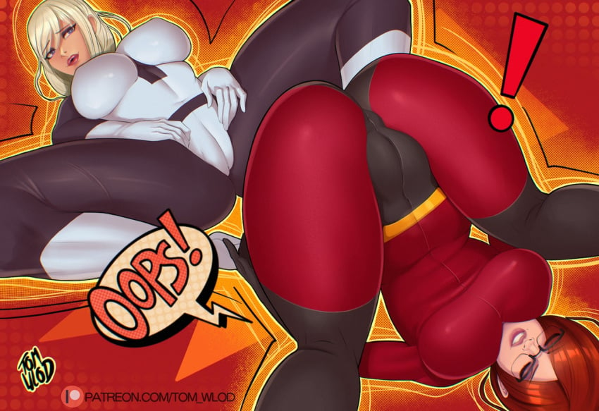 2girls bodysuit cameltoe female female_only large_breasts multiple_girls pixar skin_tight smooth_skin spread_legs superheroine the_incredibles tom_wlod