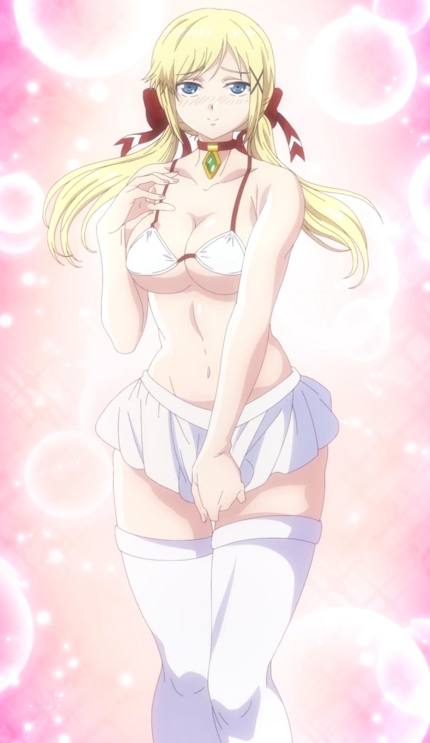 2023 bikini bikini_top blonde_hair blue_eyes blush breasts hips large_breasts lidenfilms looking_at_viewer official_art screencap skirt stitched thighhighs thighs tummy yuna_yunis yuusha_ga_shinda!